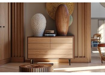 A stylish room showing a blend of different wood tones and textures in furniture and decor, from light oak to rich walnut, creating a rich and layered look. Soft, diffused natural light.