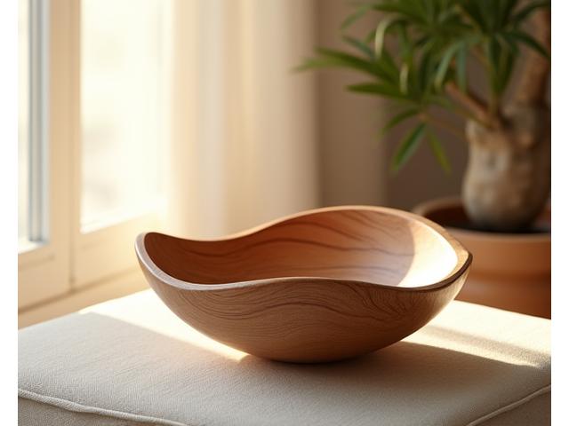 Decorative wooden bowl with a unique carved pattern on a side table