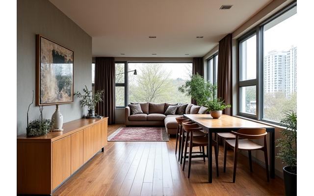 A creative open-plan apartment using a low, long wooden console table to subtly define a living area from a dining area, without using full walls.
