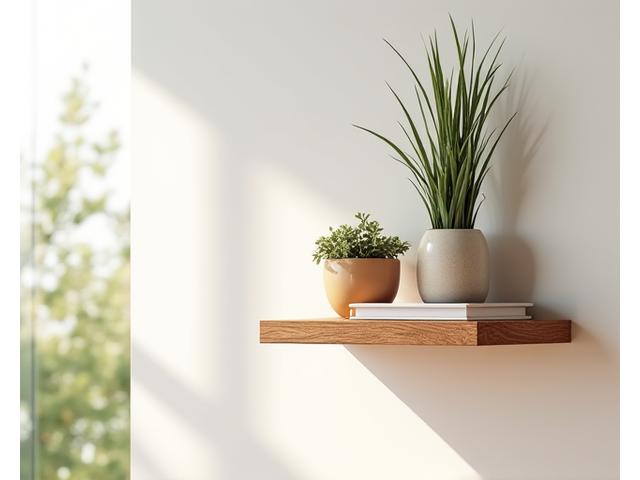 Beautiful handcrafted wooden shelf with decorative items in a modern, eco-friendly home setting